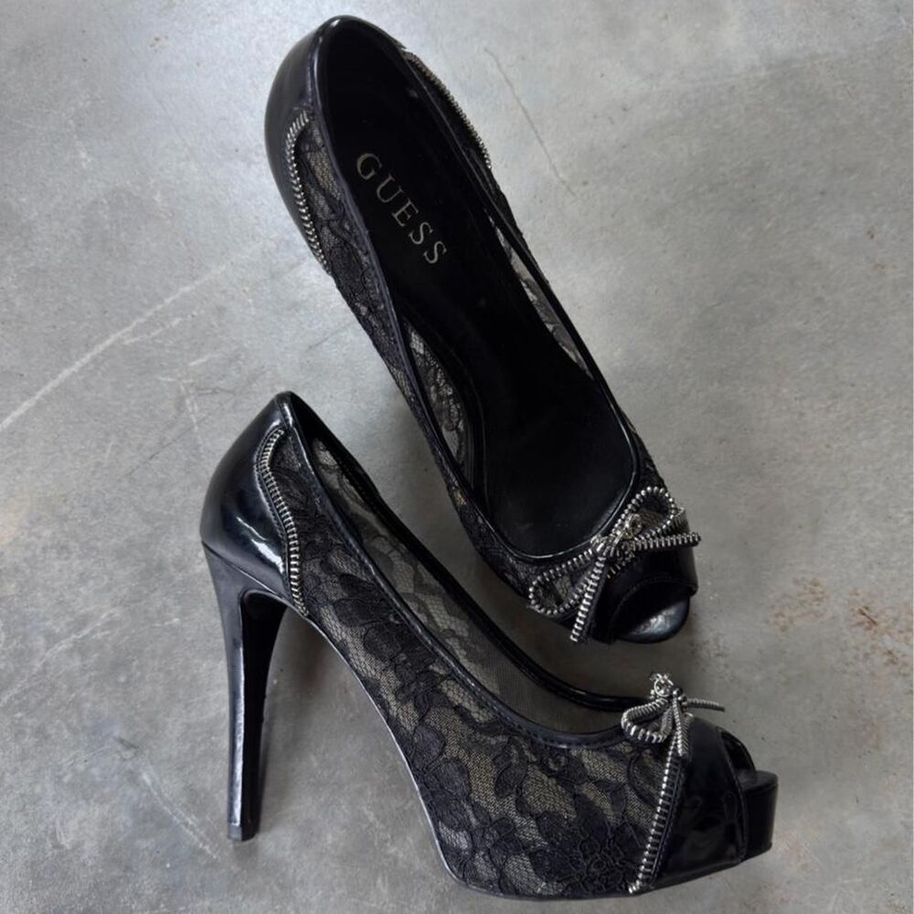 Guess black lace peep toe platform heels silver bow detail 7.5 - Picture 2 of 6